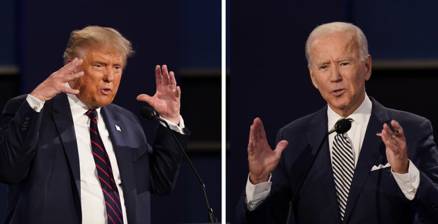 In this combination image of two photos showing both President Donald Trump, left, and former Vice President Joe Biden during the first presidential debate Tuesday, Sept. 29, 2020, at Case Western University and Cleveland Clinic, in Cleveland, Ohio. 