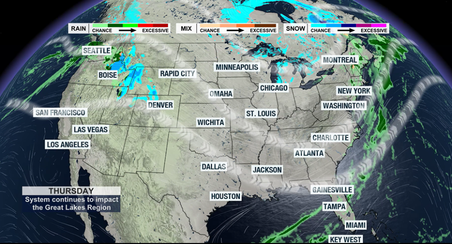 Thursday holiday forecast map.