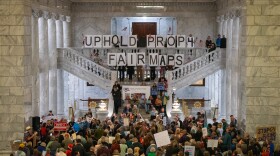 Protestors gathered in the Utah State Capitol rotunda before a special session of the Legislature to rally against the session and lawmakers’ plans, Dec. 9, 2025.