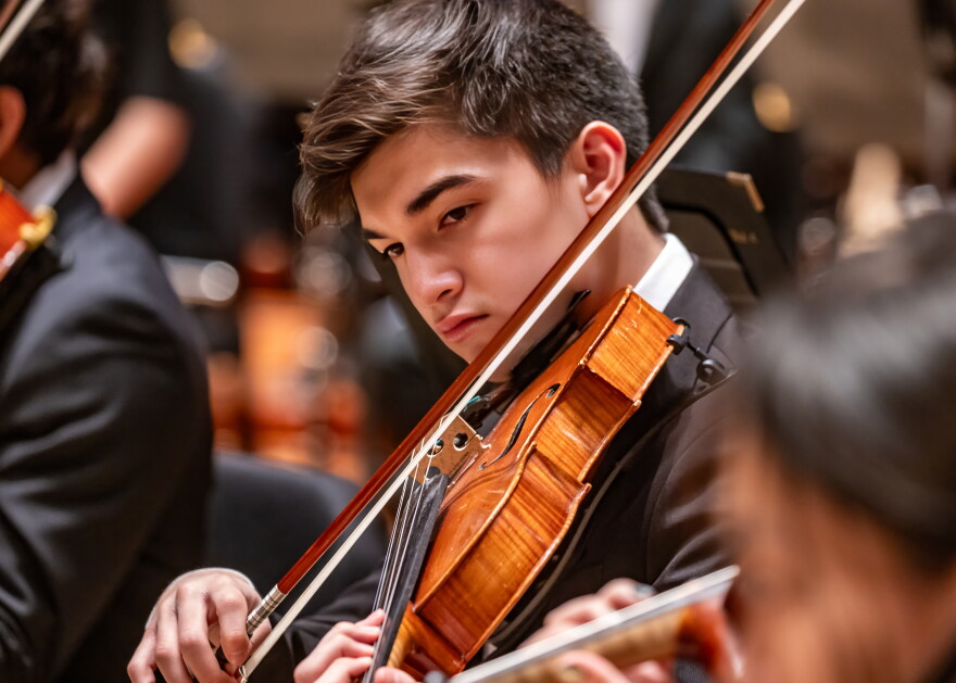 Violist Anton Wingert performing with the Philadelphia Youth Orchestra at Marian Anderson Hall in Philadelphia.