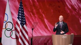 Utah Gov. Spencer Cox speaks about Salt Lake City's bid to host the 2034 Winter Olympics, during the 142nd IOC session at the 2024 Summer Olympics, Wednesday, July 24, 2024, in Paris, France. (AP Photo/David Goldman)