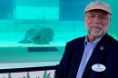Man standing in front of manatee tank