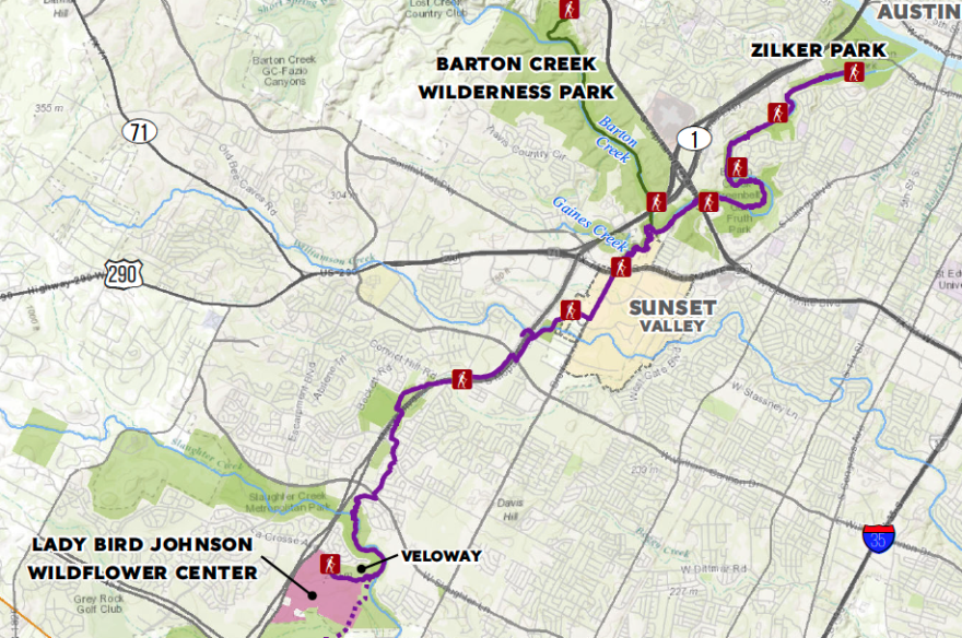 A map of the Violet Crown Trail from Zilker Park to the Lady Bird Johnson Wildflower Center