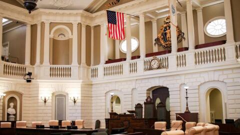 The public gallery balconies inside the Senate Chamber of the Massachusetts State House.