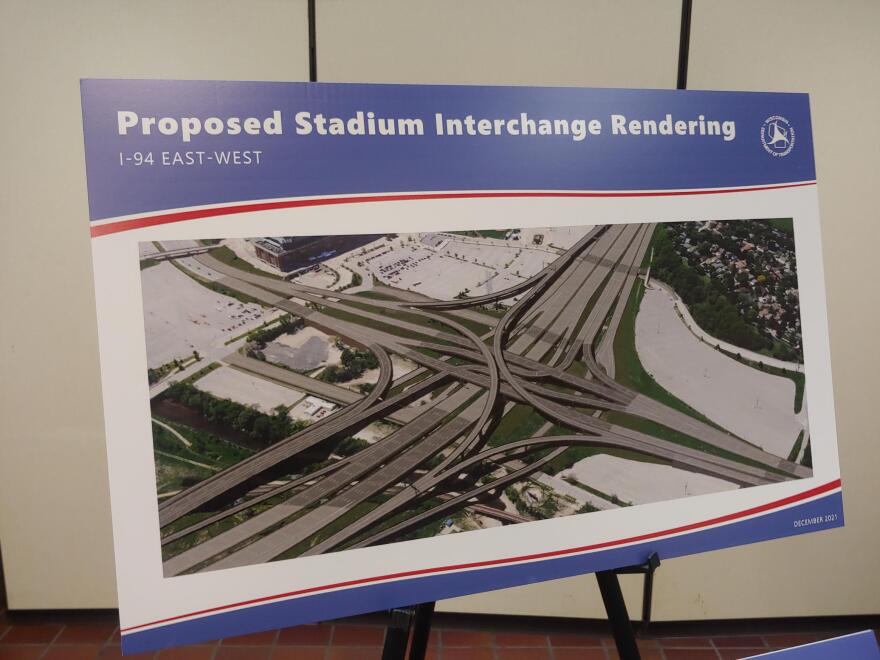 This rendering at Wednesday's DOT open house shows what the Stadium Interchange would look like after reconstruction of the East-West Freeway.