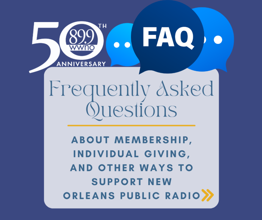 Graphic of FAQ promo for ways to give to WWNO