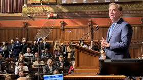 Gov. Ned Lamont, delivering his budget address on Feb. 8, 2023, at the state Capitol.