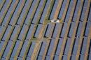 An aerial view of solar panels arranged in rows