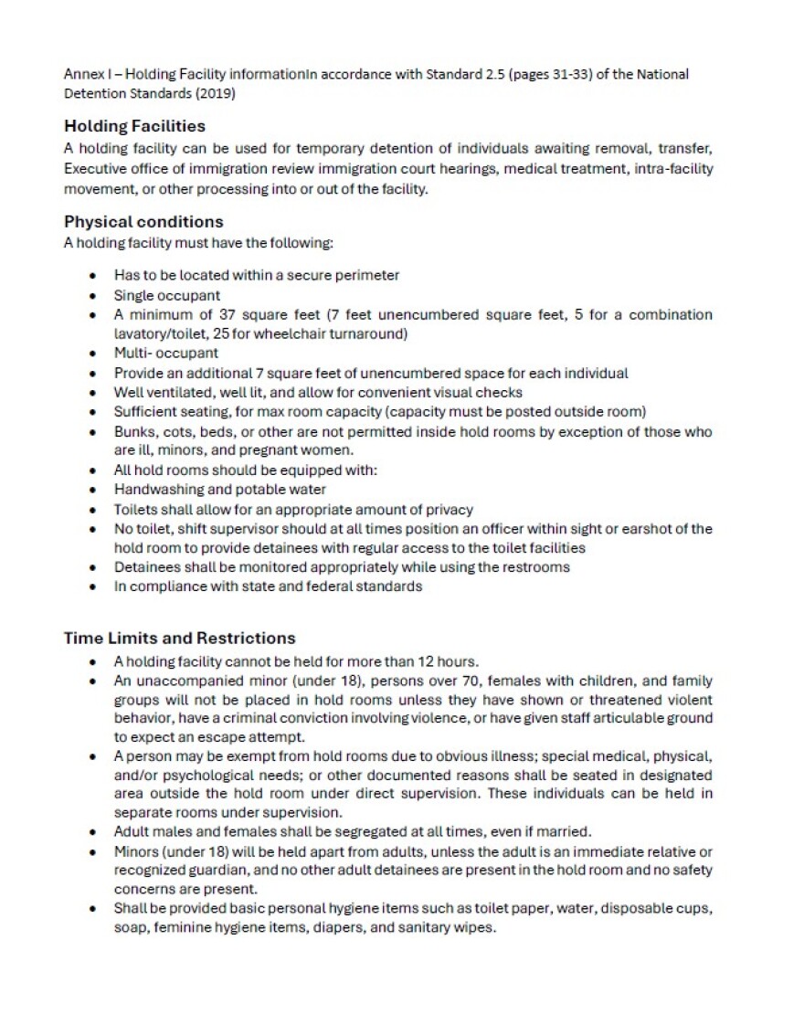 A page of Florida's immigration enforcement operations plan that mentions standards for holding facilities.