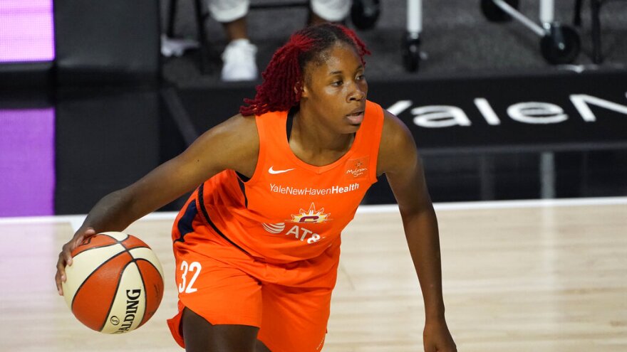 Connecticut Sun guard Bria Holmes (32) during the second half of a WNBA basketball game against the New York Liberty Tuesday, Sept. 1, 2020, in Bradenton, Fla. 