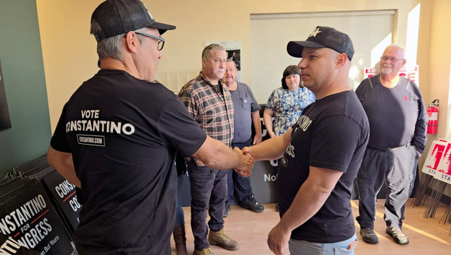 Sticker Mule CEO Anthony Constantino, a Republican, speaks to supporters at his campaign's Plattsburgh headquarters earlier this month.