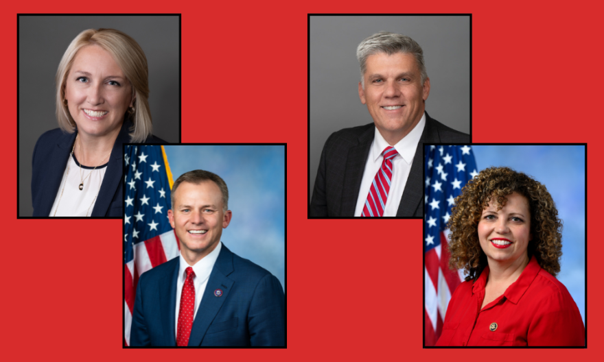 Official photos of Karianne Lisonbee, Blake Moore, Phil Lyman, and Celeste Maloy against a red background.