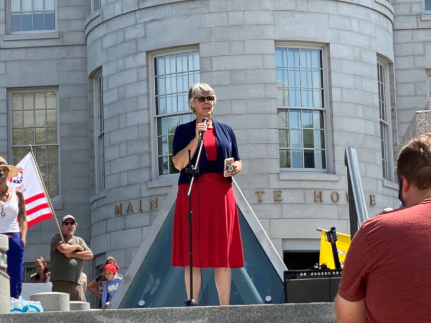 Republican state Rep. Heidi Sampson of Alfred speaks during the demonstration. Sampson compared the vaccine mandate to the unethical practices of German doctors during the rise and fall of Nazi Germany.