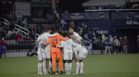 Spokane Velocity huddle before their semi-final game at home, which they won in a nail-biter shootout. Now, one game stands between them and winning the whole thing.