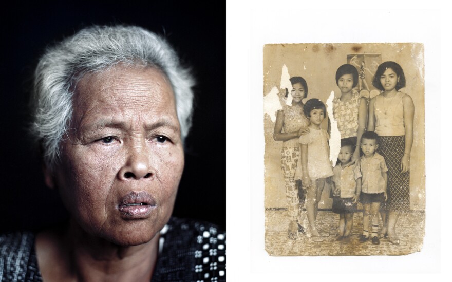 Pin's grandmother Duong Meas in Stockton, Calif., in August 2010; and a family portrait circa 1973, one of only two items Pin's family saved from before the revolution.