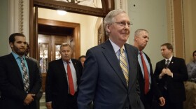 Senate Majority Leader Mitch McConnell of Ky. leaves the Senate chamber on Capitol Hill in Washington, Thursday, July 13, 2017, after announcing the revised version of the Republican health care bill. (J. Scott Applewhite/AP)