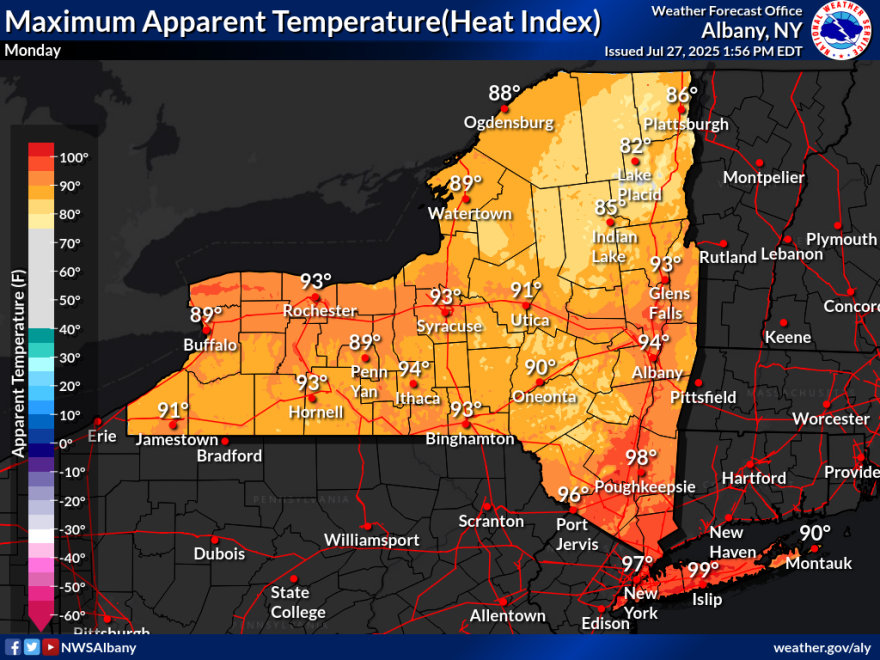 This map of New York State describes real-feel temperatures on Monday, July 28th. The apparent temperature for Buffalo will be 89 degrees. 