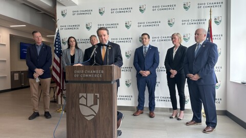 Ohio Business Roundtable President and CEO Pat Tiberi speaks alongside Ohio Supreme Court candidates Colleen O'Donnell and Dan Hawkins