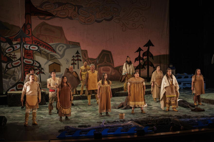 "Kutulagaaw: the Tlingit-Russian Battles," starring Naadaayi Héen Awsikóo, Ḵaa Yahaayí Shkalneegi / Muriel Reed, Konrad Frank, Kira Apaachuaq Eckenweiler, George Gunanaa Gooch Holly, Kenny Ray Ramos, Allan Diton Hayton, Madeline Soboleff Levy, Valentine Washington, Jaylynn Martin, Yeeslánaalx Tláa / Kaachgún Rochelle Smallwood, Bo Shimmin, Carlyn Costales. (Courtesy of Sealaska Heritage Institute and Perseverance Theatre)