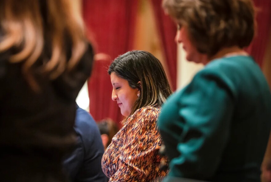 State Sen. Melissa Hurtado, a Bakersfield Democrat, bows her head in prayer before session at the state Capitol in Sacramento on Jan, 4, 2023.