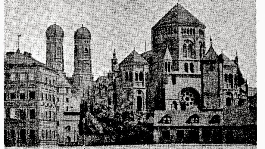 This image from Mordechai Bernstein's "In the Labyrinth of Times" exhibit shows the Munich synagogue on the eve of its destruction in June 1938.