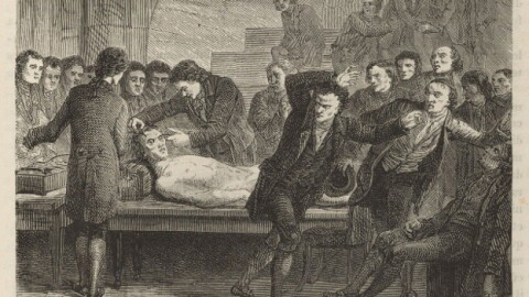 A crowd of scientists watch in horror as Andrew Ure makes the lifeless body of Matthew Clydesdale tremble and twitch with electricity. 1867 illustration, Houghton Library, Harvard University.