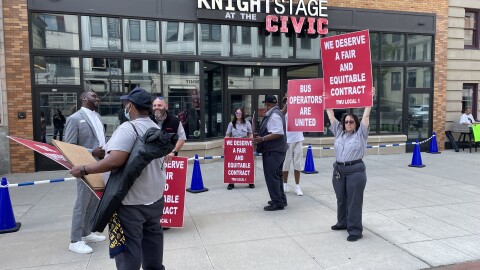 Akron transit union members protest outside of Mayor Shammas Malik's State of the City address at the Akron Civic Theatre on May 19, 2026.