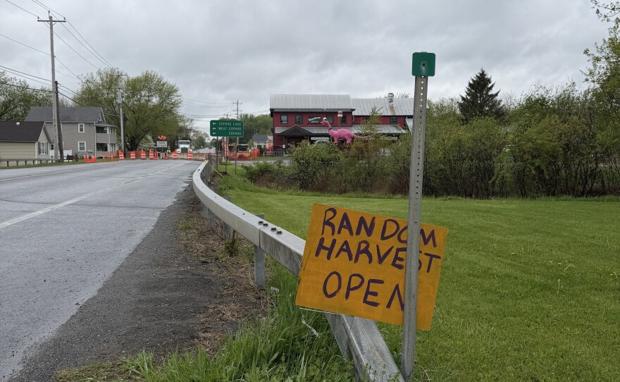 Hand-painted signs direct customers to local shops that are no longer accessible via Route 23.