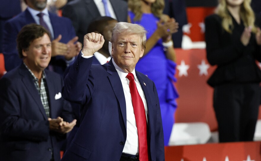 Republican presidential candidate former President Donald Trump is seen during the Republican National Convention on Monday in Milwaukee.