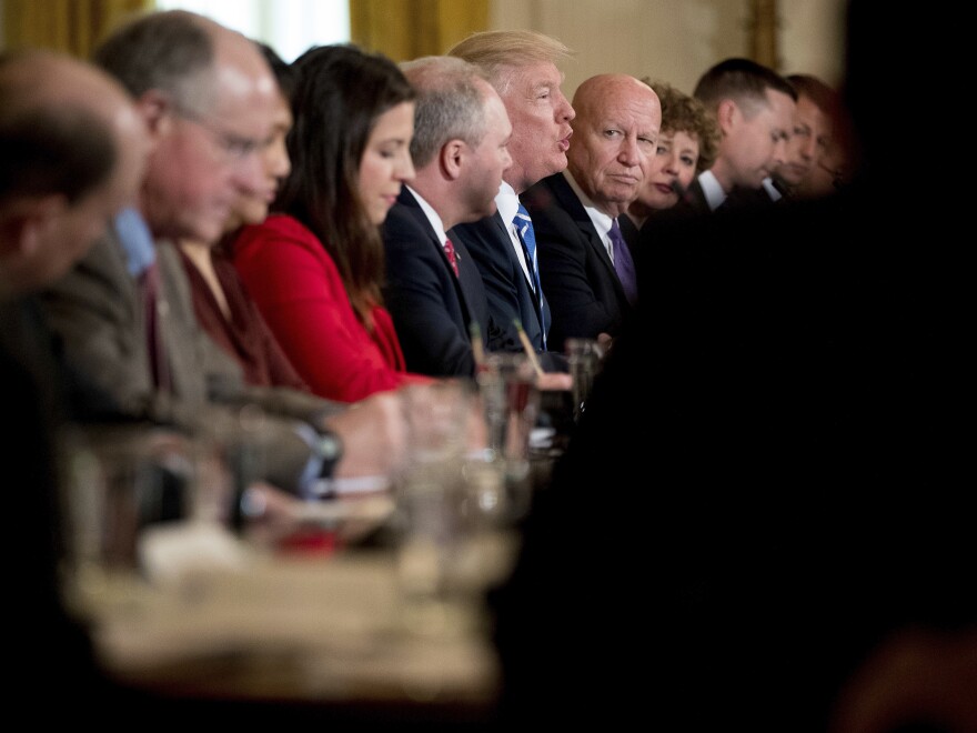 President Trump speaks to the Republican House whip team about the proposed health care bill. Trump highlighted Rep. Elise Stefanik, R-N.Y., (in the foreground) as the youngest woman ever elected to Congress.