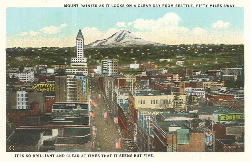Downtown Seattle and Mount Rainier, circa 1920s, probably when more people said Warshington.