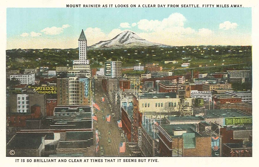 Downtown Seattle and Mount Rainier, circa 1920s, probably when more people said Warshington.