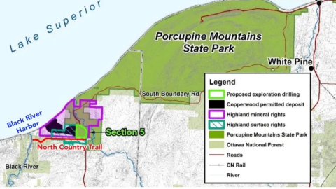 This map shows the proposed Copperwood Mine, the Porcupine Mountains and Lake Superior, along with the North Country Trail. (Courtesy of Protect the Porkies via Bridge Michigan)