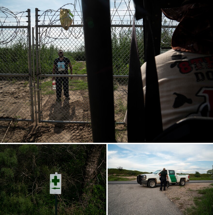 José Albornoz encounters Luis Valderrama on the banks of the Rio Grande. A sign on Valderrama's property guides migrants to turn themselves.