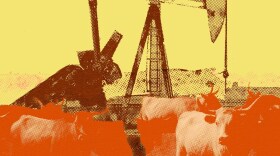 A digital collage of cattle around an oil well.