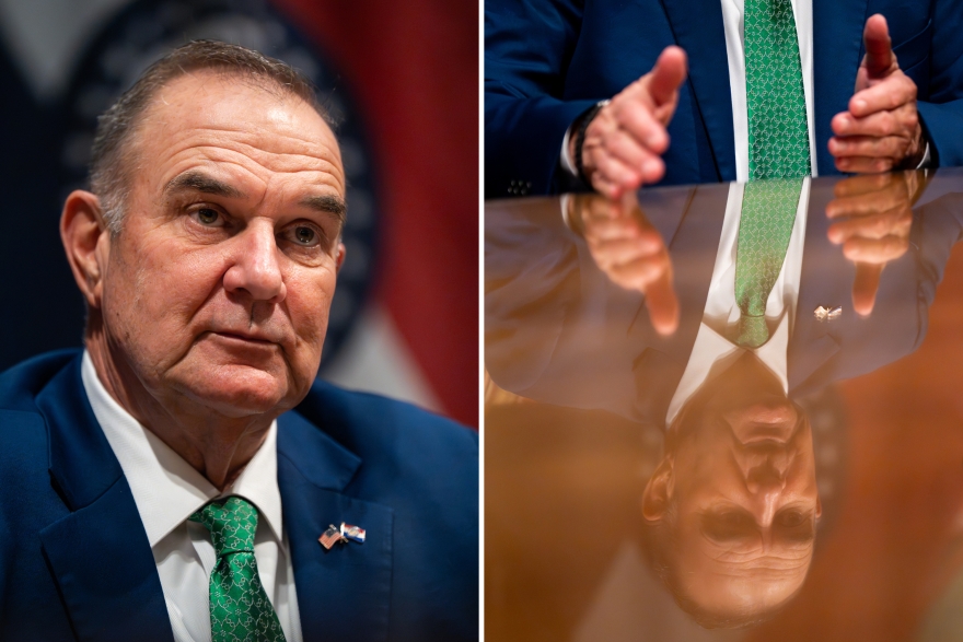 Missouri Gov. Mike Kehoe speaks to St. Louis Public Radio reporters after delivering his annual Missouri State of the State address on Tuesday, Jan. 13, 2026, at the Capitol in Jefferson City.