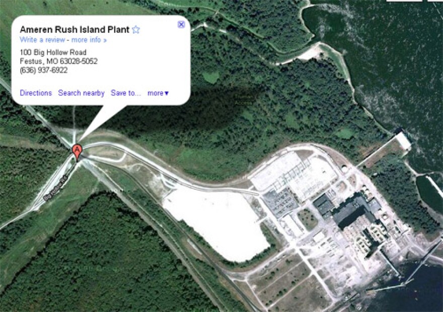 The location of the Ameren Rush Island power plant in Festus, Mo. Emissions violations at the plant are the topic of a lawsuit against Ameren Missouri filed today by the U.S. Department of Justice in St. Louis, Mo. (Google Maps)