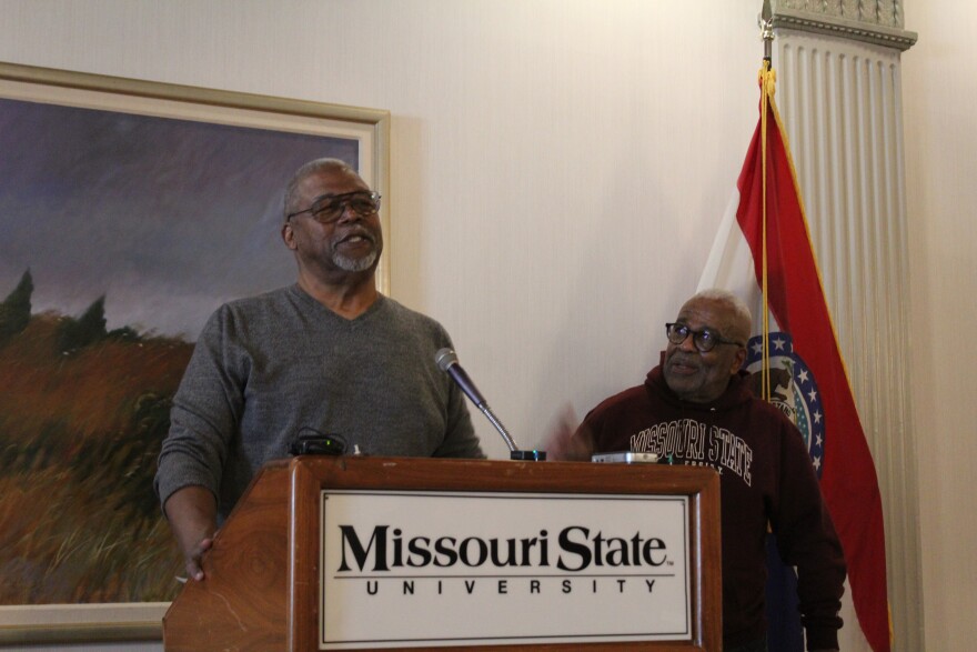 Wes Pratt and Lyle Foster before the unveiling of a new marker on the Springfield-Greene County African American Heritage Trail on February 26, 2026.