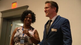 State Sen. Karla May, D-St. Louis, and Lucas Kunce attend the Truman Dinner on Wednesday, Oct. 4, 2023, at the Marriott Grand Hotel in Downtown St. Louis. The two are competing in the 2024 Democratic senate primary, looking to eventually challenge Republican incumbent Josh Hawley. The Democratic National Convention’s 2023 Fall Meeting begins Thursday. 
