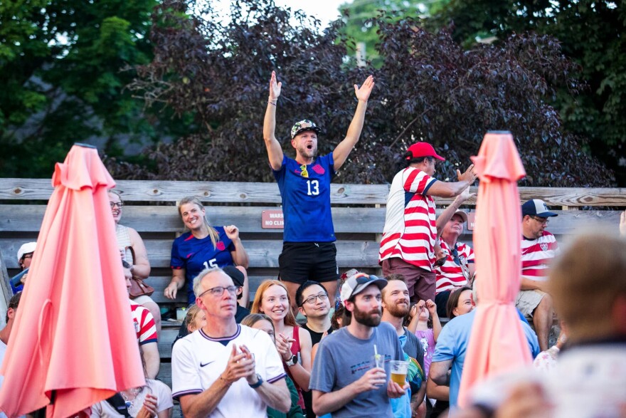 Fans celebrate a goal by the United States while watching Wednesday’s World Cup match between the USA and Bosnia and Herzegovina on an outdoor screen at The Little Fleet in Traverse City.