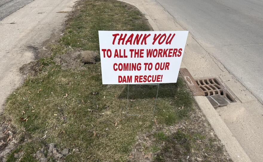 A sign shares a message of gratitude to those involved with responding to the threat posed to the Cheboygan Lock and Dam Complex on Friday, April 17, 2026.