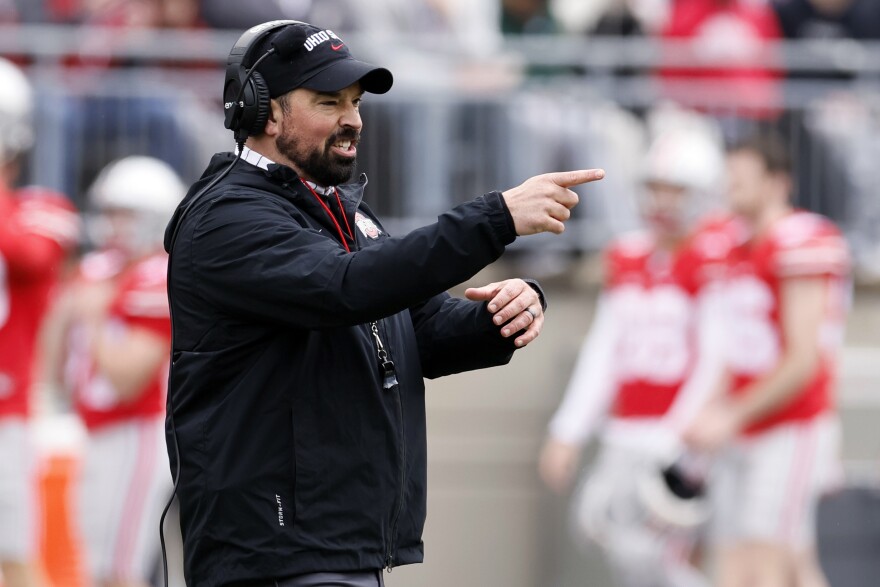 Ohio State head coach Ryan Day directs his team during an NCAA college spring football game on April 16, 2022, in Columbus, Ohio.