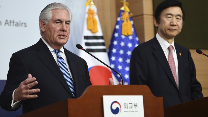 "The policy of strategic patience has ended," Secretary of State Rex Tillerson (left) said Friday of dealing with North Korea. Tillerson is visiting South Korea; he's seen here alongside South Korean Foreign Minister Yun Byung-se in Seoul.