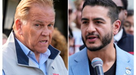 This combination photo of images taken in Detroit shows Senate nominees Republican Mike Rogers, Aug. 20, 2026, left, and Democrat Abdul El-Sayed, Aug. 19, 2026. (AP Photos/Paul Sancya)