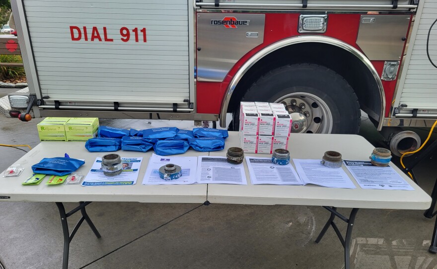 Narcan kits and overdose information outside Schenectady Fire Headquarters on Veeder Ave on August 30, 2023.