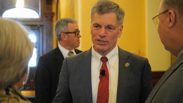 Wyoming Gov. Mark Gordon speaks to visitors to the Wyoming Capitol building after his 2024 State of the State address.