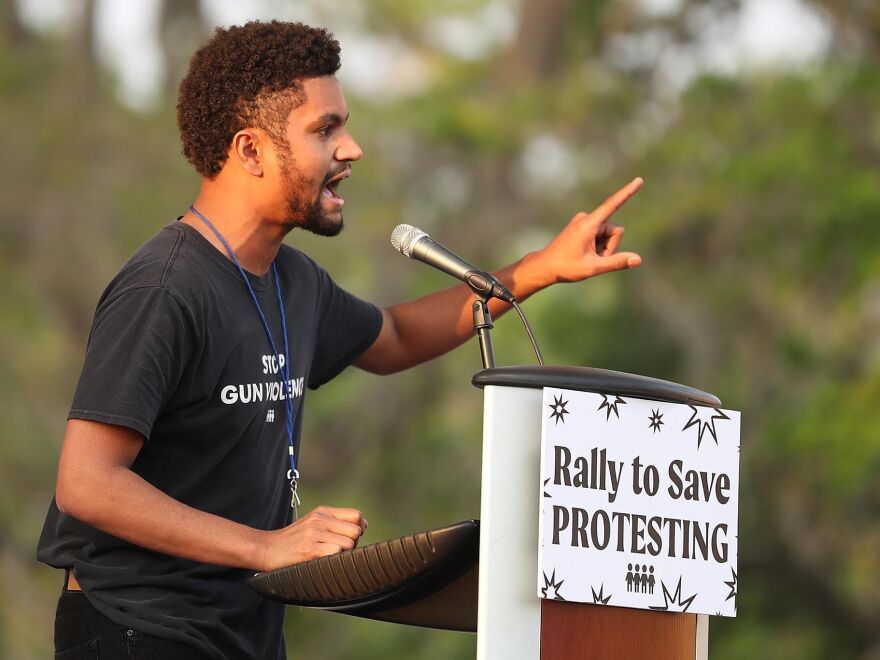 Maxwell Frost speaks during a March For Our Lives Florida drive-in rally and aid event at Tinker Field in Orlando on March 26, 2021.