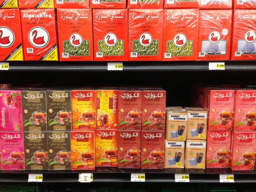 The selection of teas at a new grocery store serving the large Iraqi community in the San Diego suburb of El Cajon.