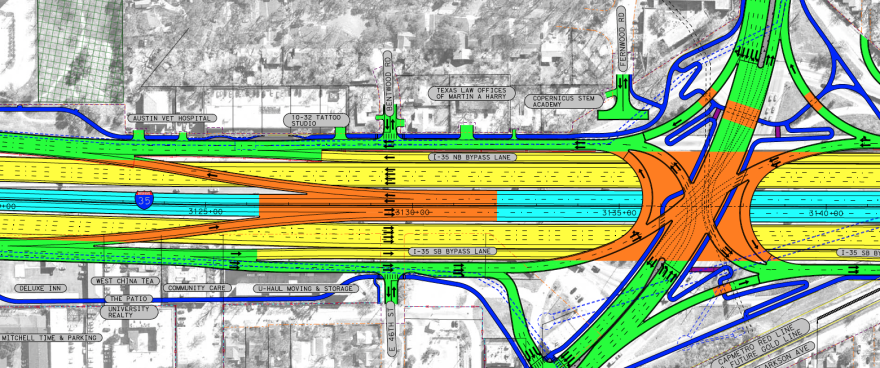 A schematic view showing how the configuration of lanes north of Airport Boulevard. Another wishbone ramp would allow northbound drivers to exit the managed lanes and southbound drivers to get on.