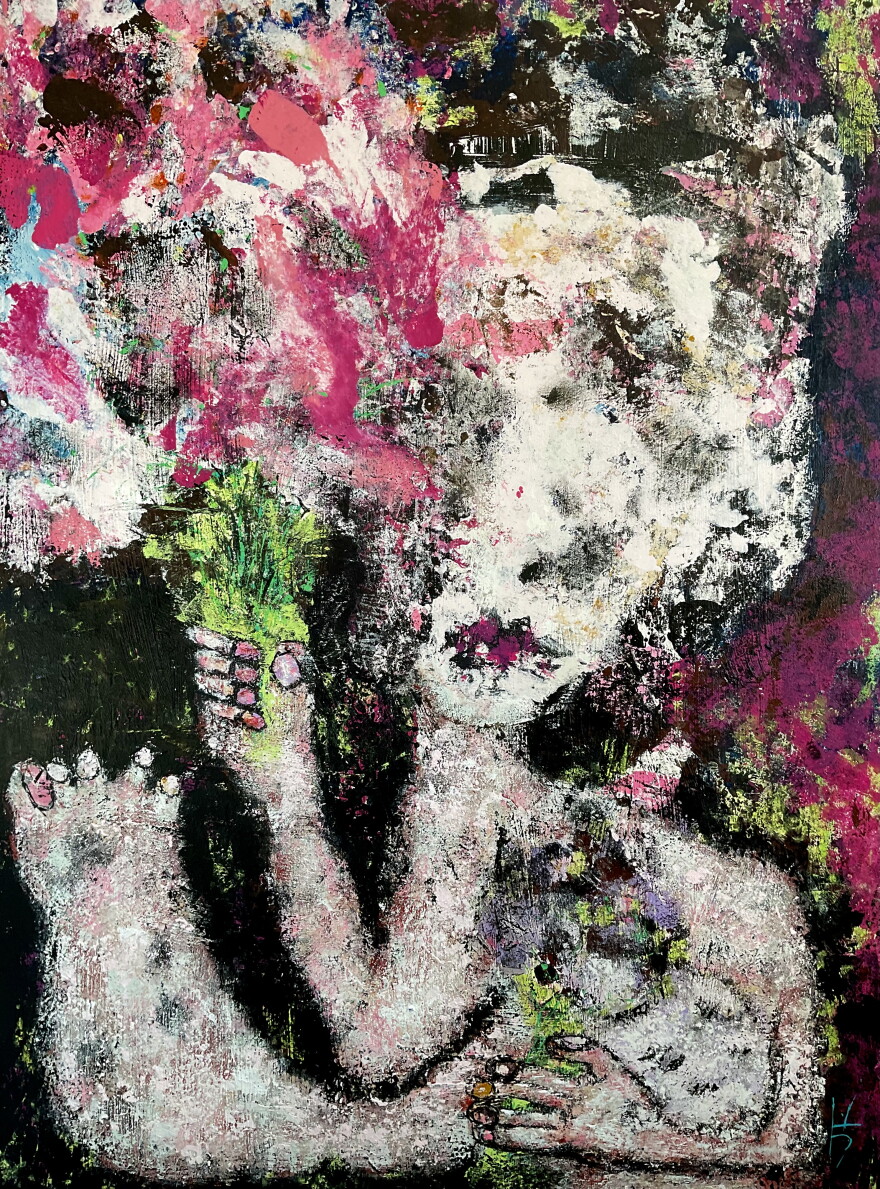 painting of a human figure holding a bouquet of flowers